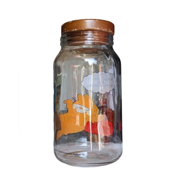 1978 Garfield Anchor Hocking Glass Canister with Lid Full Tummy Happy Tummy - Picture 3 of 11